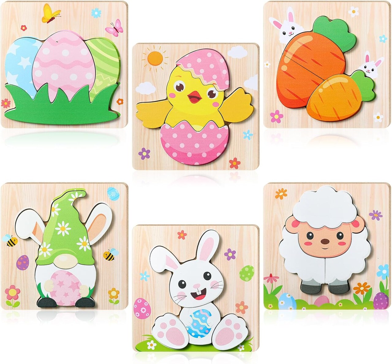 6 Pack Easter Wooden Puzzles Easter Party Puzzles Toys Spring Educational Bunny Carrot Chick Puzzle for Boy Girl Happy Basket Stuffers Classroom Exchange Gifts Favors